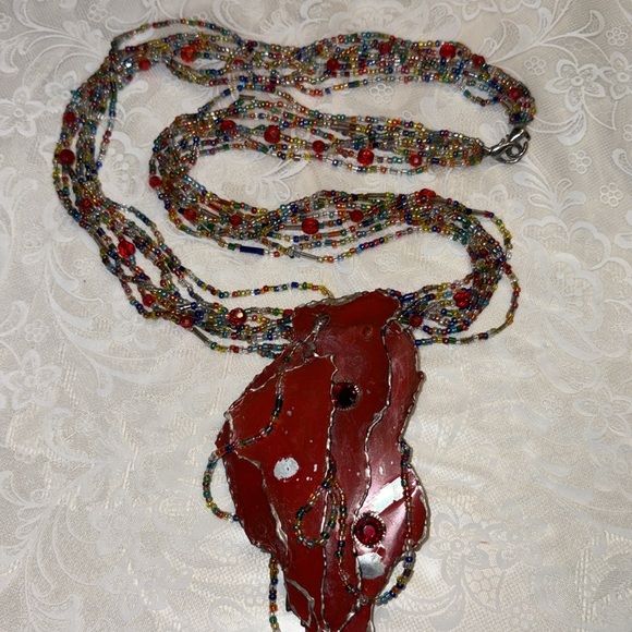 Handcrafted used multicolor Beaded Necklace w/lg. red metal hang dec. 8 strands - Picture 10 of 10